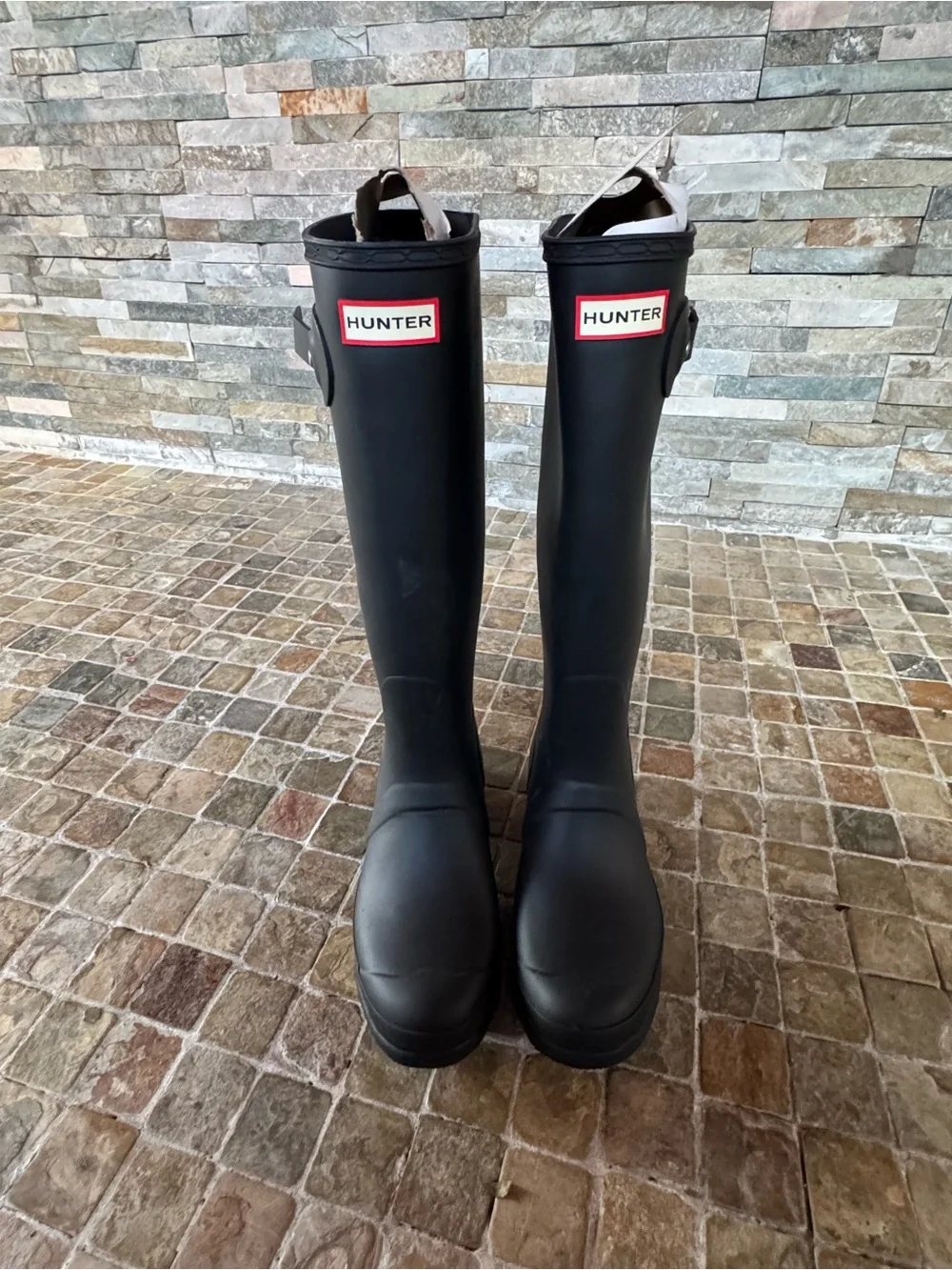 Hunter Black Tall Rubber Rain Boots with Red Logo Trim